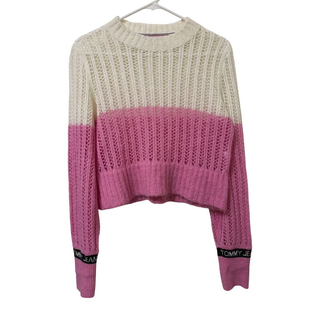 Tommy Jeans Pink White Colorblock Lightweight Open Knit Sweater Small
